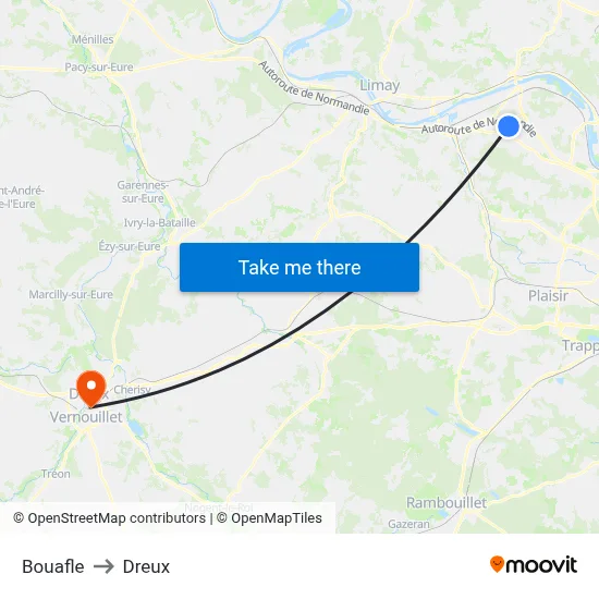 Bouafle to Dreux map