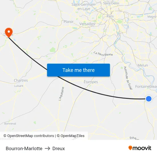 Bourron-Marlotte to Dreux map