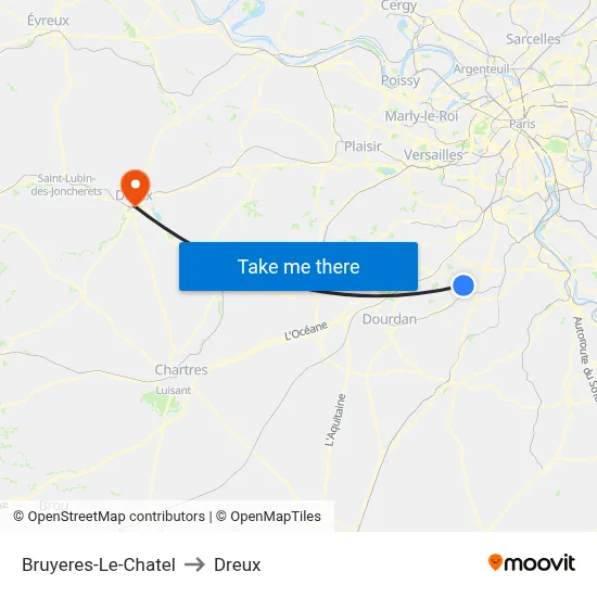 Bruyeres-Le-Chatel to Dreux map