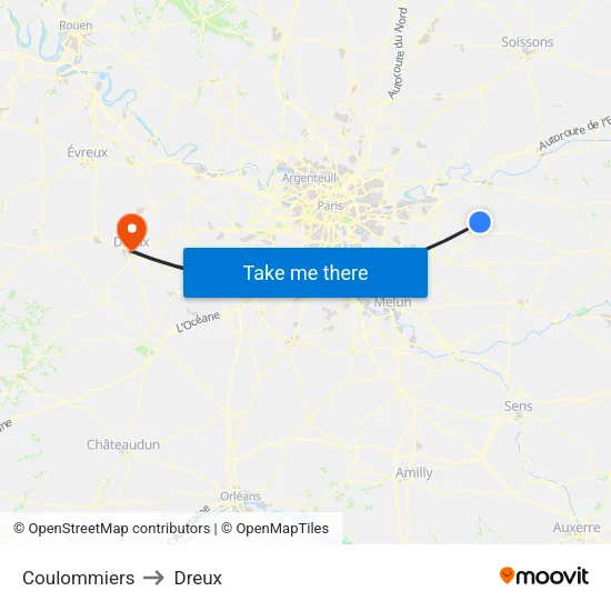 Coulommiers to Dreux map