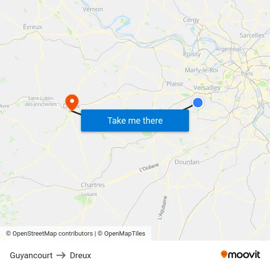 Guyancourt to Dreux map