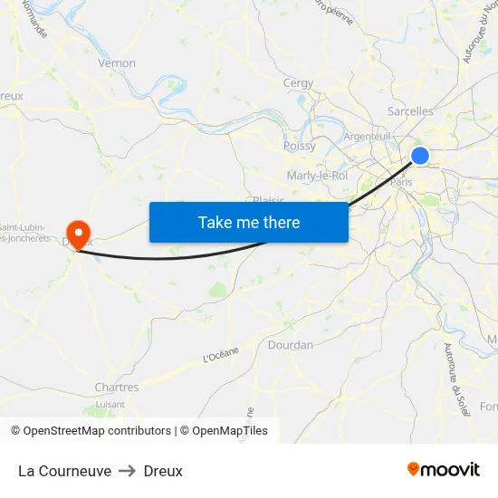 La Courneuve to Dreux map