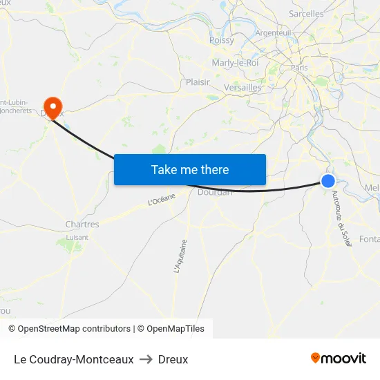 Le Coudray-Montceaux to Dreux map