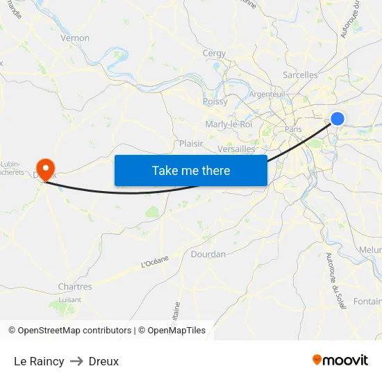 Le Raincy to Dreux map