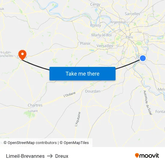 Limeil-Brevannes to Dreux map
