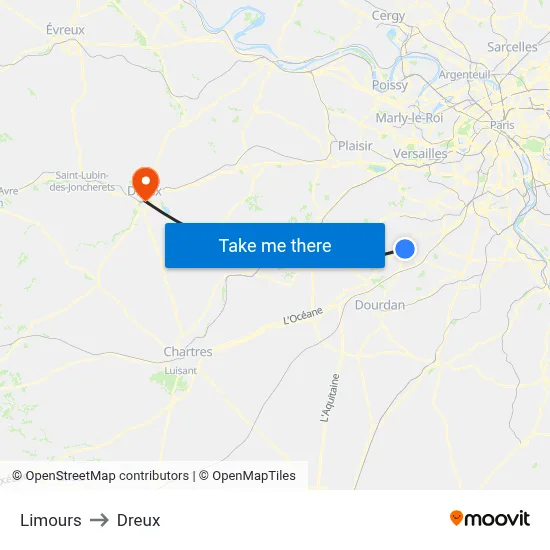 Limours to Dreux map