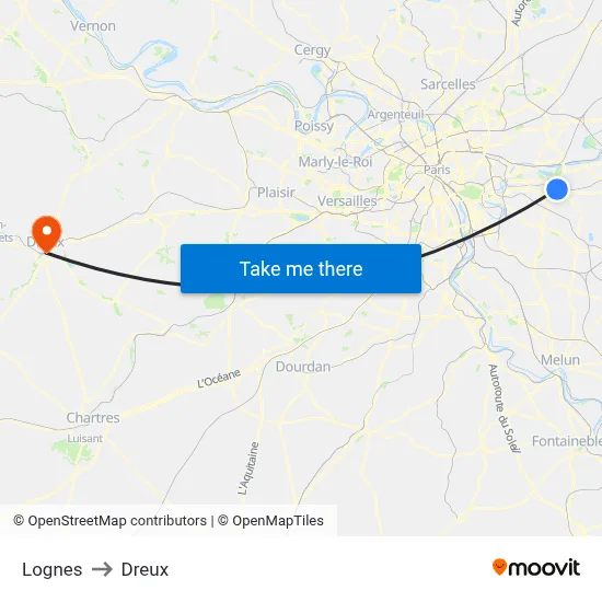 Lognes to Dreux map