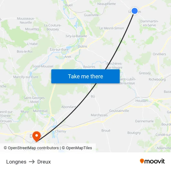 Longnes to Dreux map