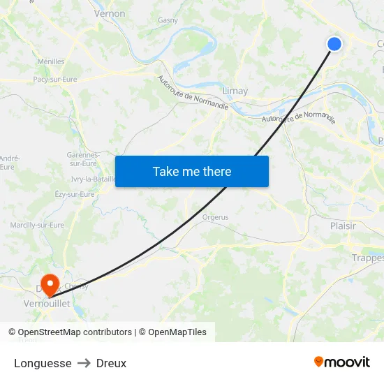 Longuesse to Dreux map