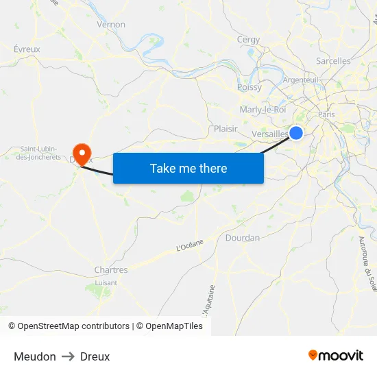 Meudon to Dreux map