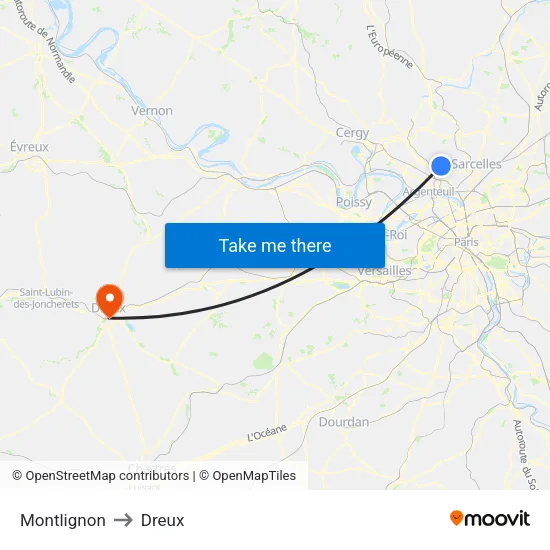 Montlignon to Dreux map