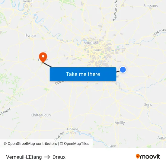 Verneuil-L'Etang to Dreux map