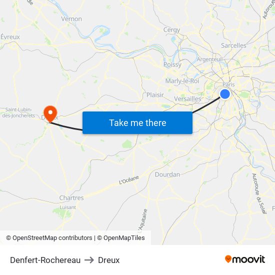 Denfert-Rochereau to Dreux map