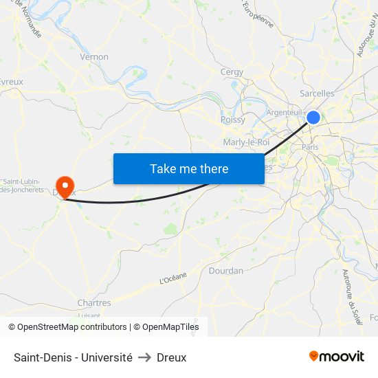 Saint-Denis - Université to Dreux map