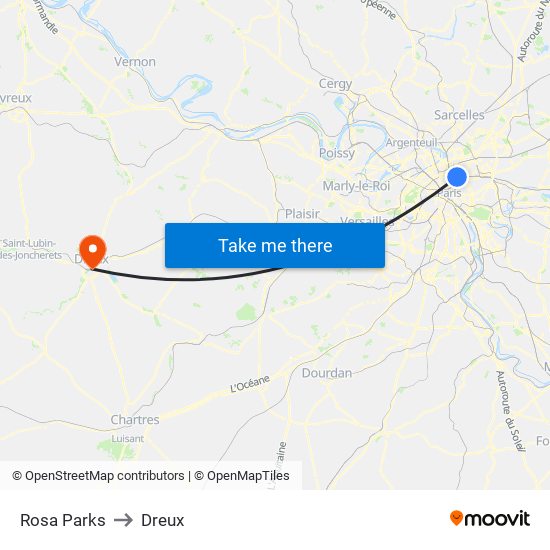 Rosa Parks to Dreux map