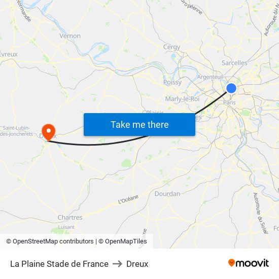 La Plaine Stade de France to Dreux map