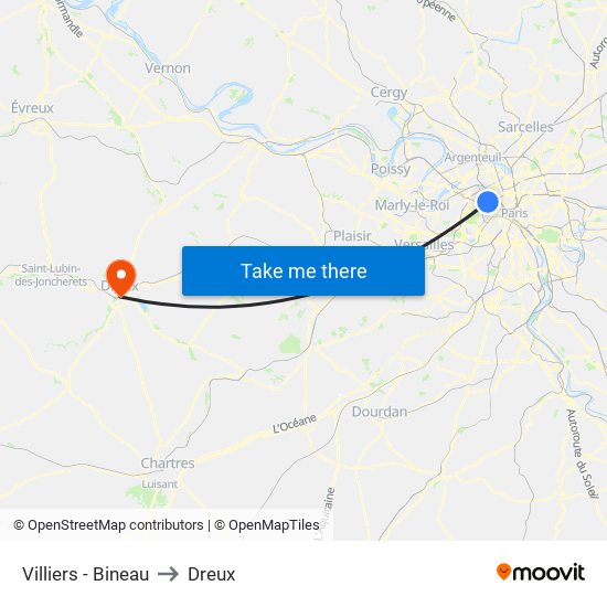Villiers - Bineau to Dreux map
