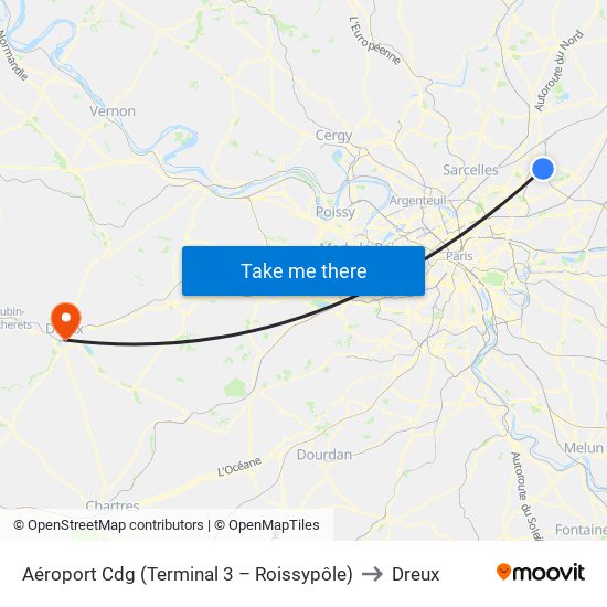 Aéroport Cdg (Terminal 3 – Roissypôle) to Dreux map