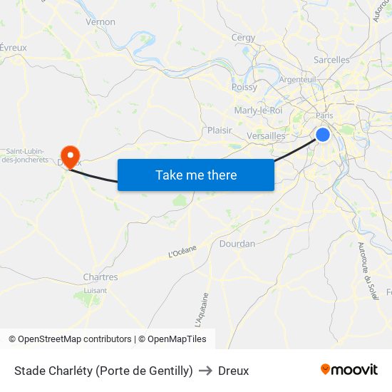 Stade Charléty (Porte de Gentilly) to Dreux map