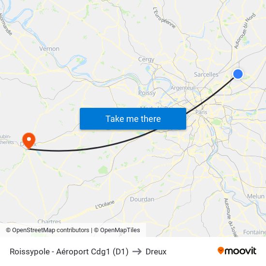 Roissypole - Aéroport Cdg1 (D1) to Dreux map