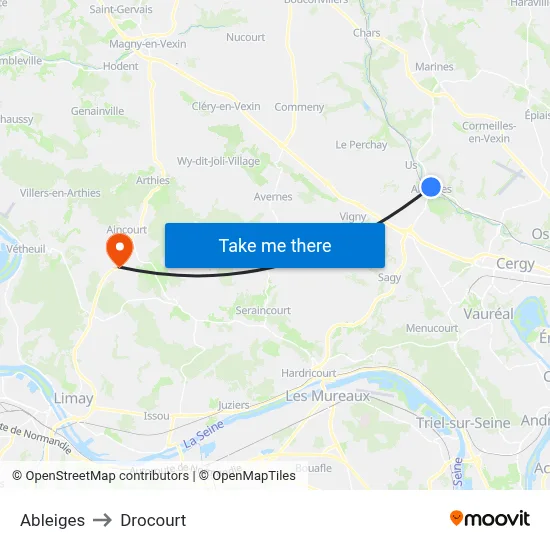 Ableiges to Drocourt map