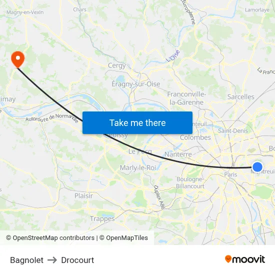 Bagnolet to Drocourt map