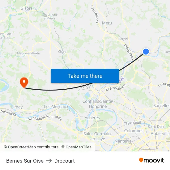 Bernes-Sur-Oise to Drocourt map