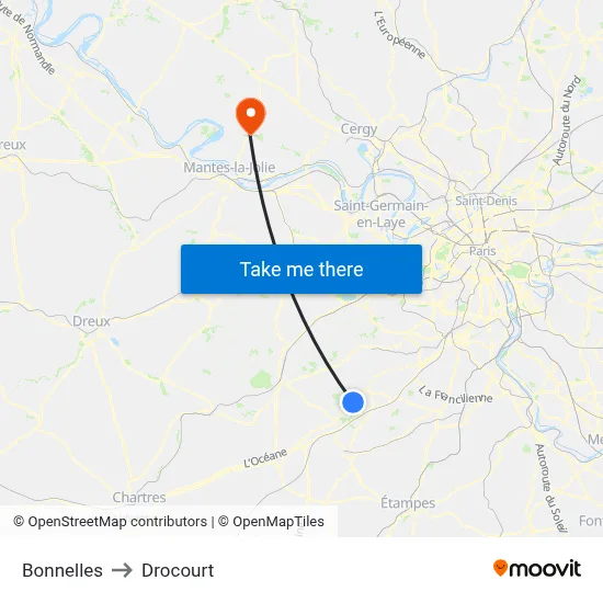 Bonnelles to Drocourt map