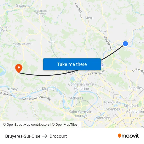 Bruyeres-Sur-Oise to Drocourt map