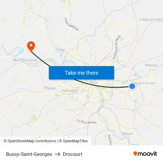 Bussy-Saint-Georges to Drocourt map