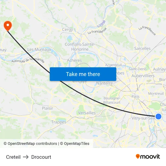 Creteil to Drocourt map