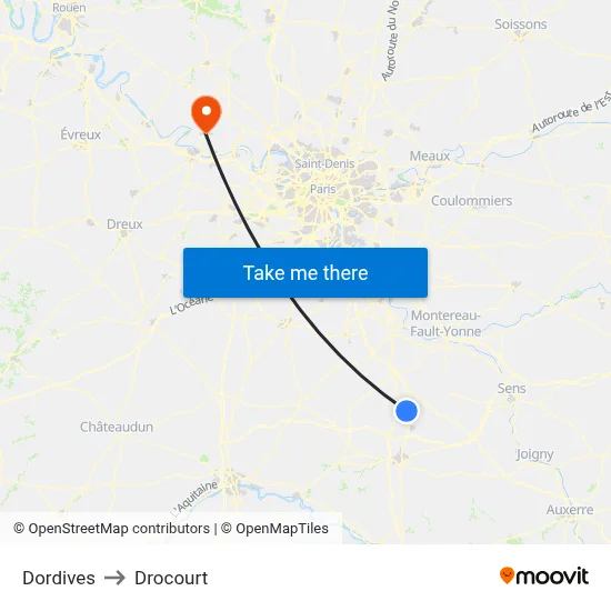 Dordives to Drocourt map
