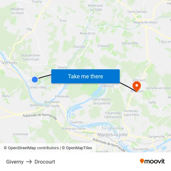 Giverny to Drocourt map