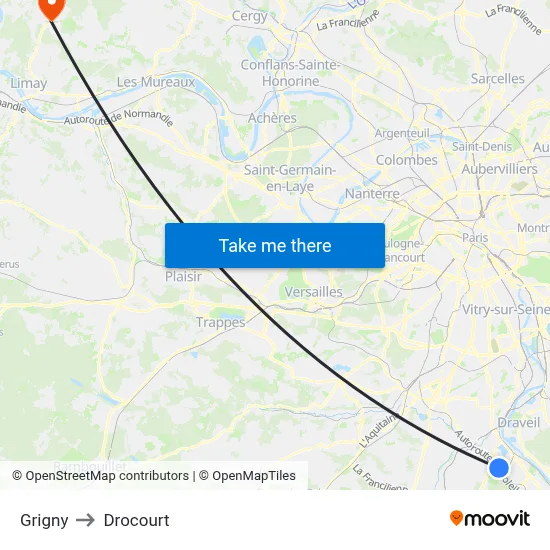 Grigny to Drocourt map