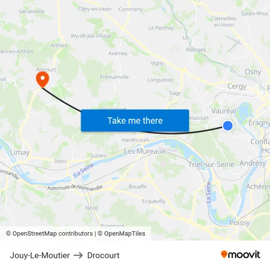 Jouy-Le-Moutier to Drocourt map