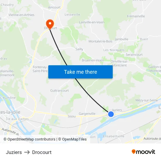 Juziers to Drocourt map
