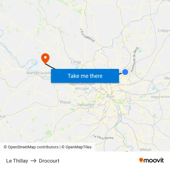 Le Thillay to Drocourt map