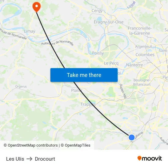 Les Ulis to Drocourt map