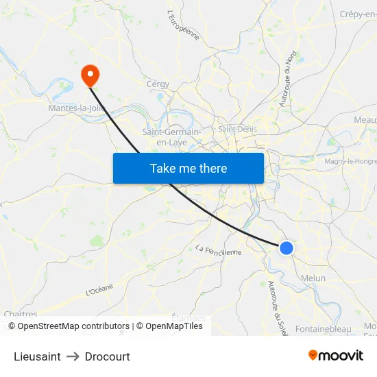 Lieusaint to Drocourt map
