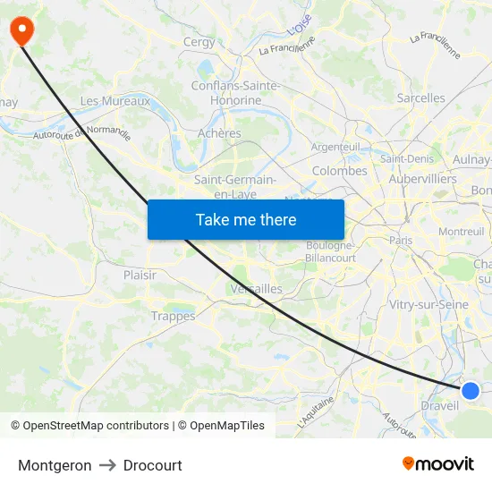 Montgeron to Drocourt map