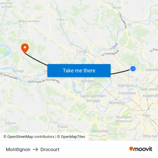 Montlignon to Drocourt map