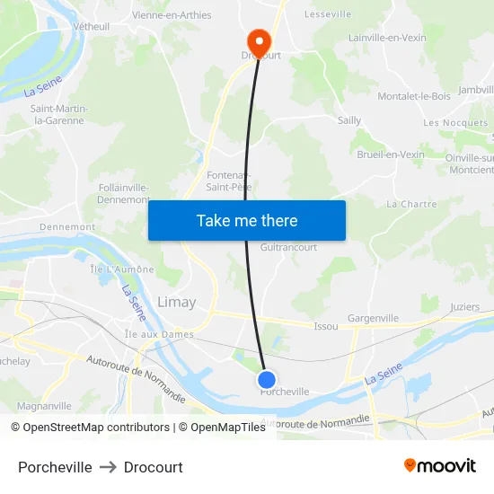 Porcheville to Drocourt map