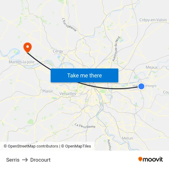 Serris to Drocourt map