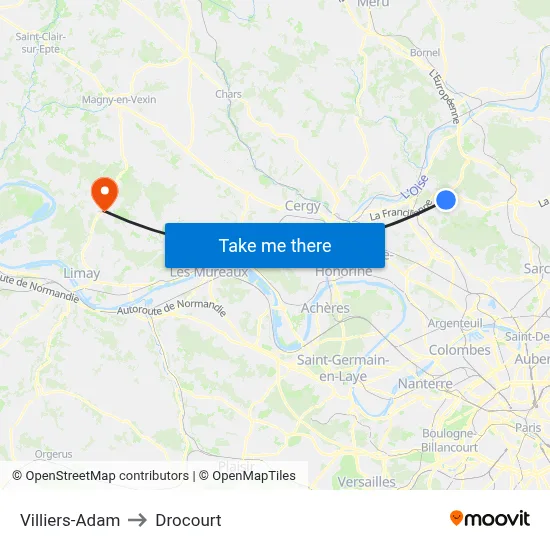 Villiers-Adam to Drocourt map