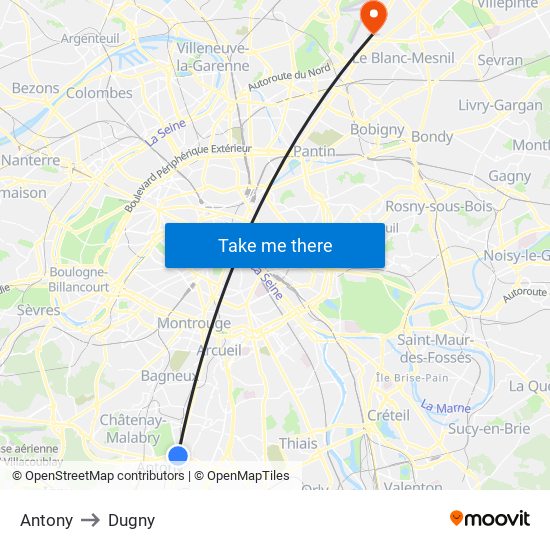 Antony to Dugny map