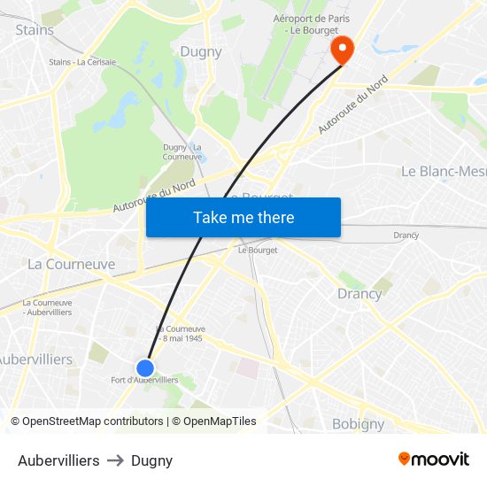 Aubervilliers to Dugny map