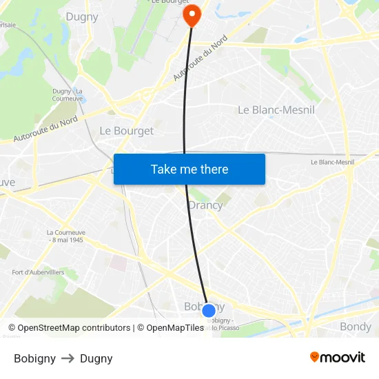 Bobigny to Dugny map