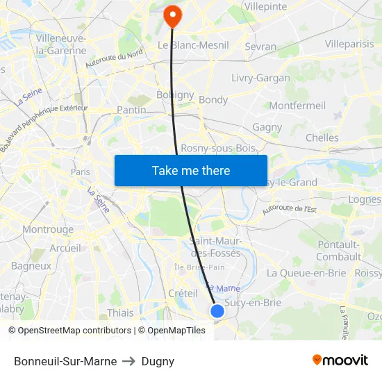 Bonneuil-Sur-Marne to Dugny map
