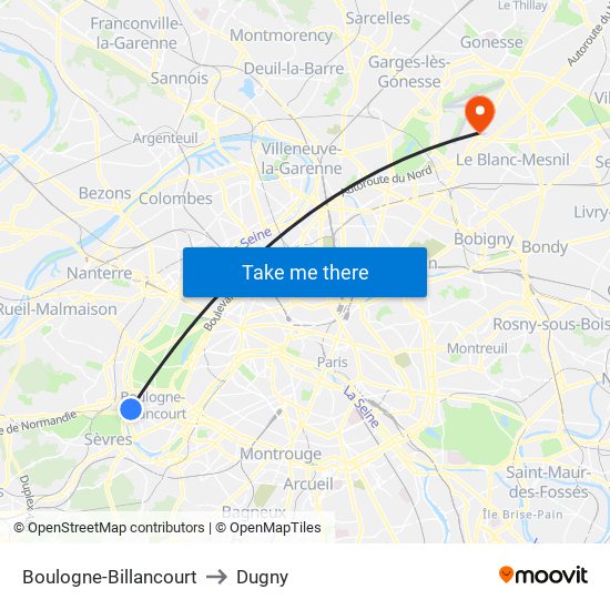 Boulogne-Billancourt to Dugny map