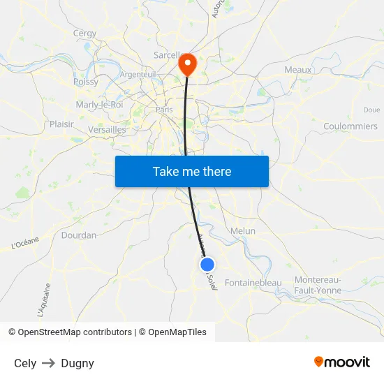 Cely to Dugny map
